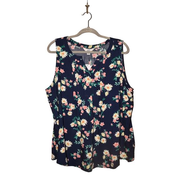 CROWN & IVY NEW‎ $30 Navy Floral Sleeveless Pleated Blouse XXL - Picture 1 of 3